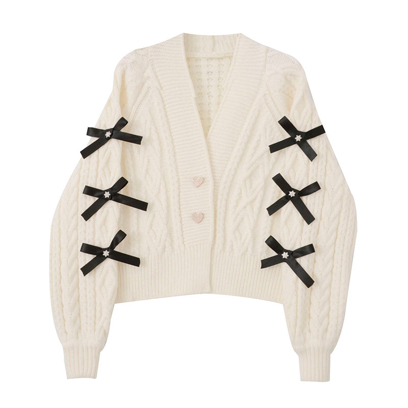 Gentle Wind Bowknot Knitted Cardigan Women's Autumn Clothing V-neck Sweater Women Jacket