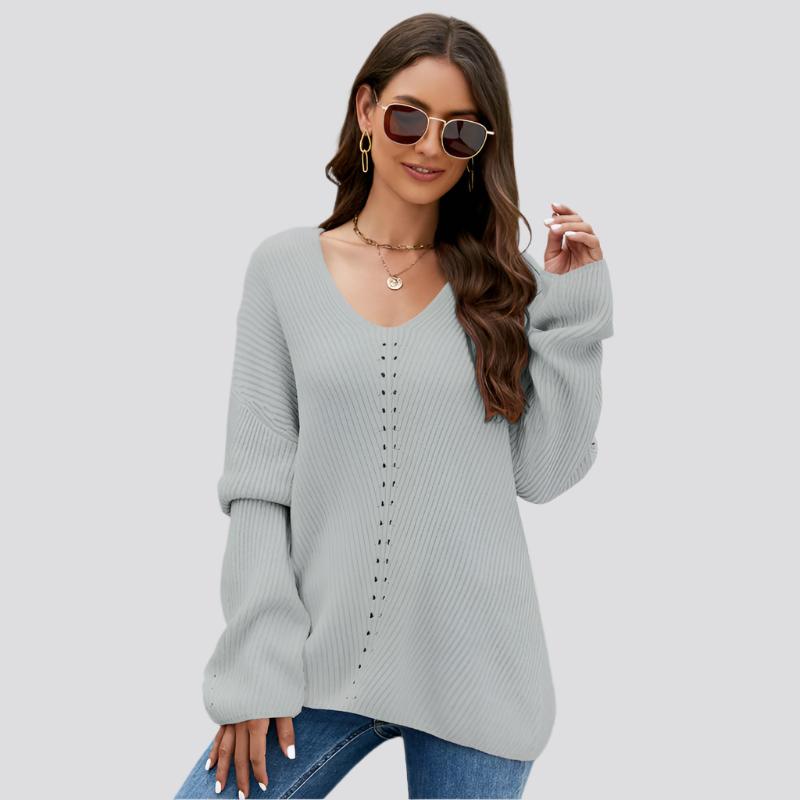 Long Sleeve Sweater With Pocket Solid Color V-neck Pullover Knitwear Women Tops