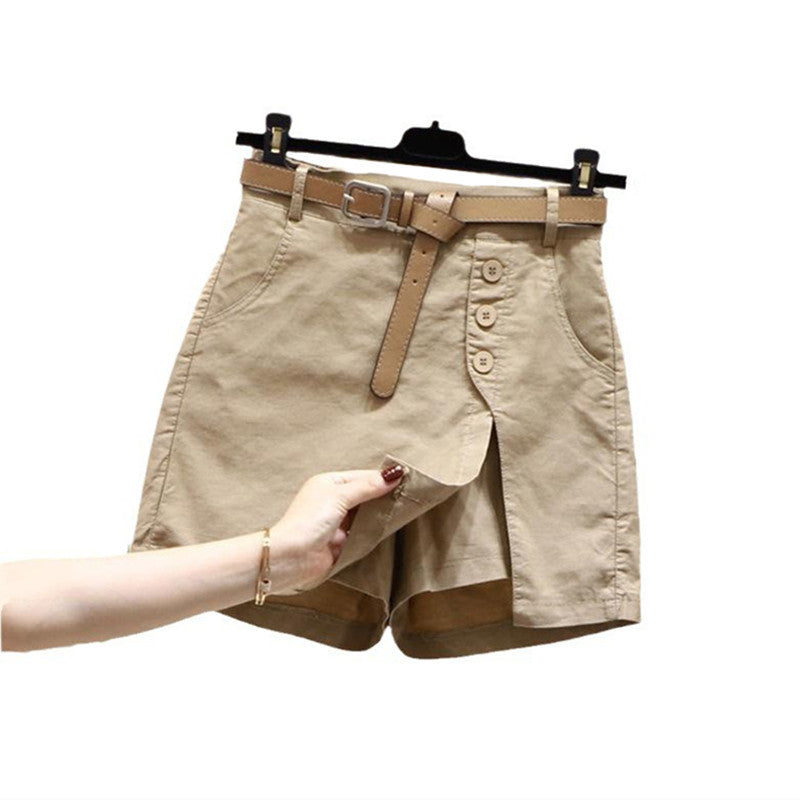 Summer New Button High Waist With Belt Cotton Shorts For Women