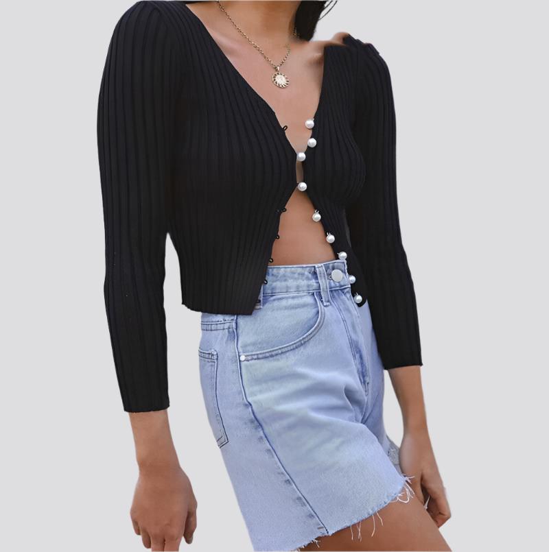 Sleeve Slim Fit Crop Tops Brief Solid Women Knit Shirt