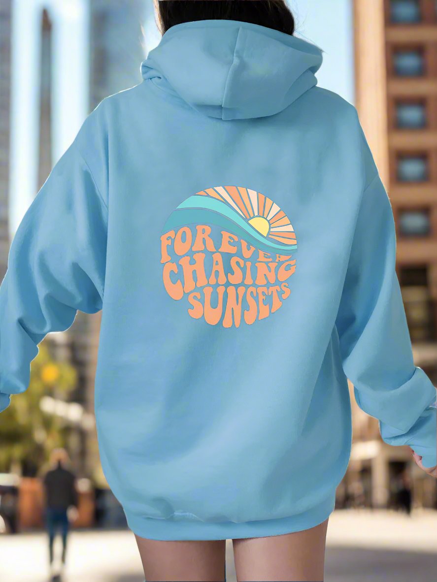 Fleece-lined Sunset Print Kangaroo Pocket Drawstring Hoodie