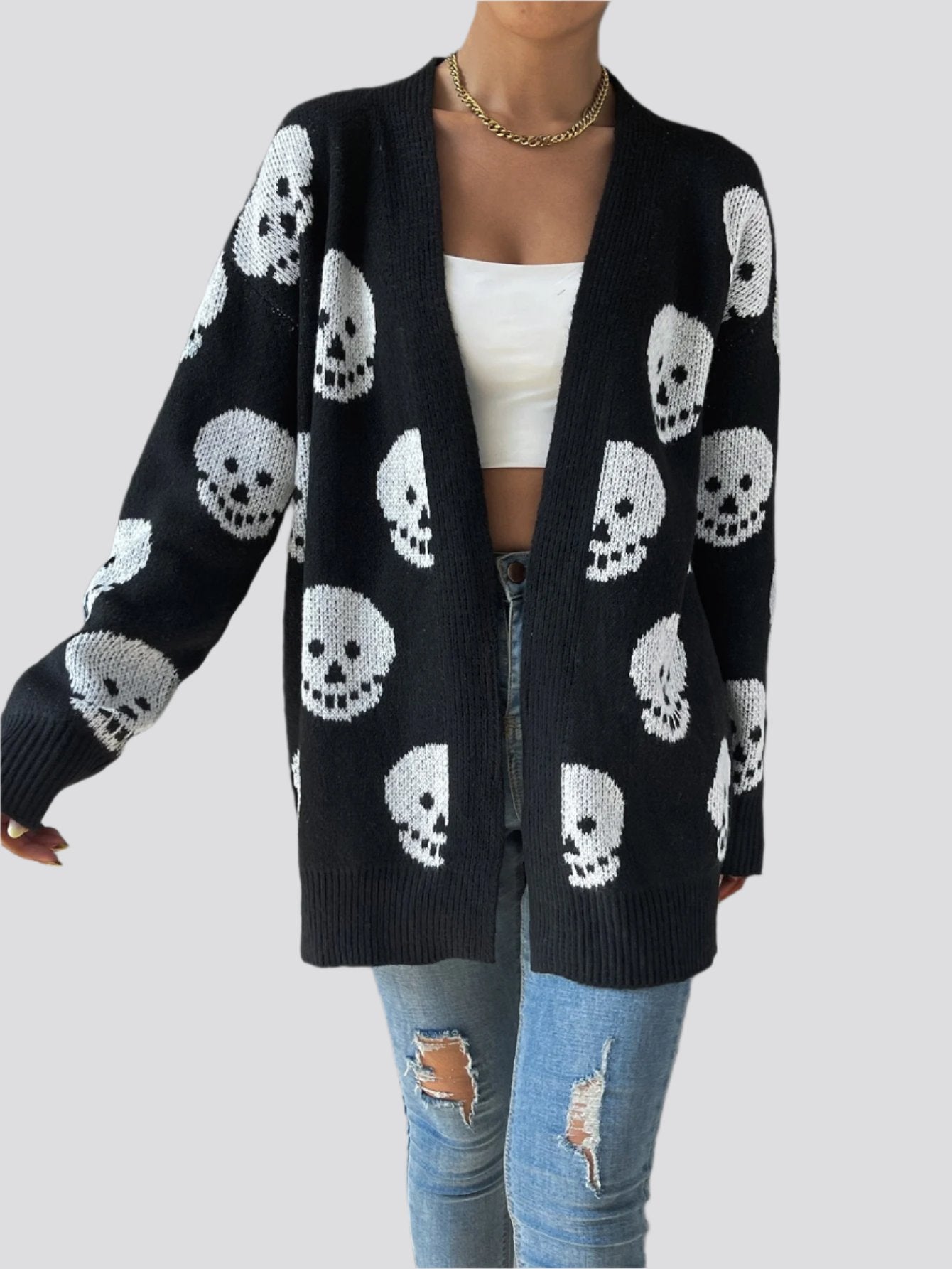 Women's Fashion Casual Halloween Skull Jacquard Knitted Long Sleeve Cardigan