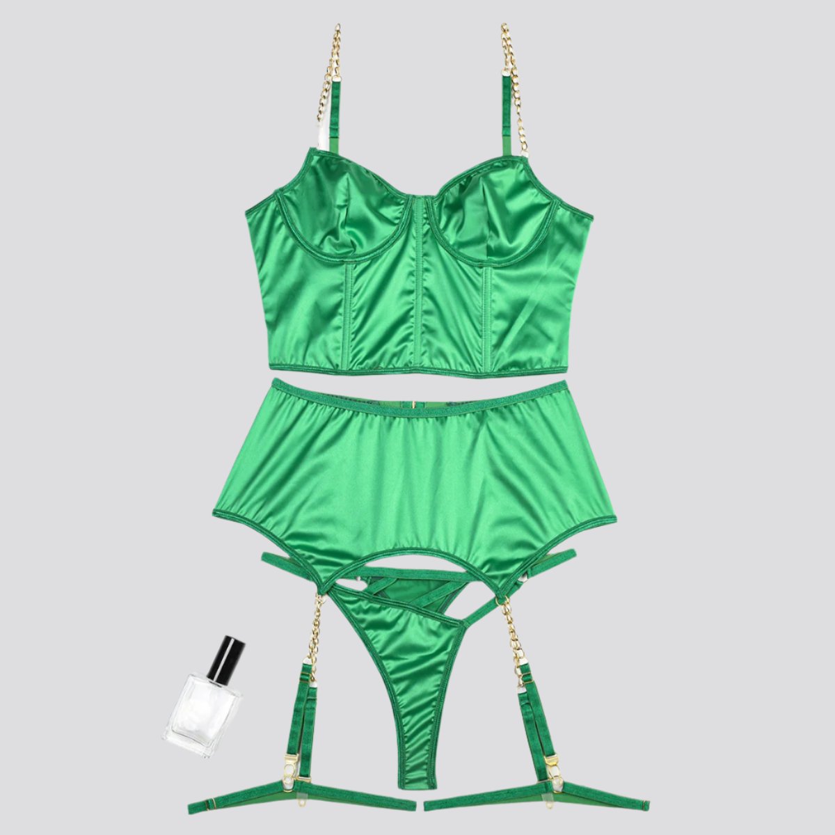 Green Satin High-end Lingerie Three-piece Set Women's Chain