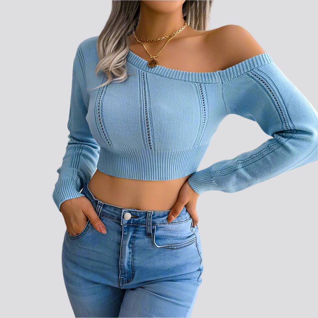 Bare Shoulders Knitted Sweater Women Long Sleeve Short Pullover Clothes