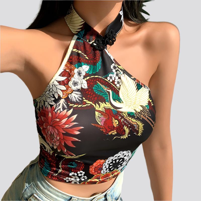 Chinoiserie Printed Halter Neck Buttoned Sexy Navel Crop Top