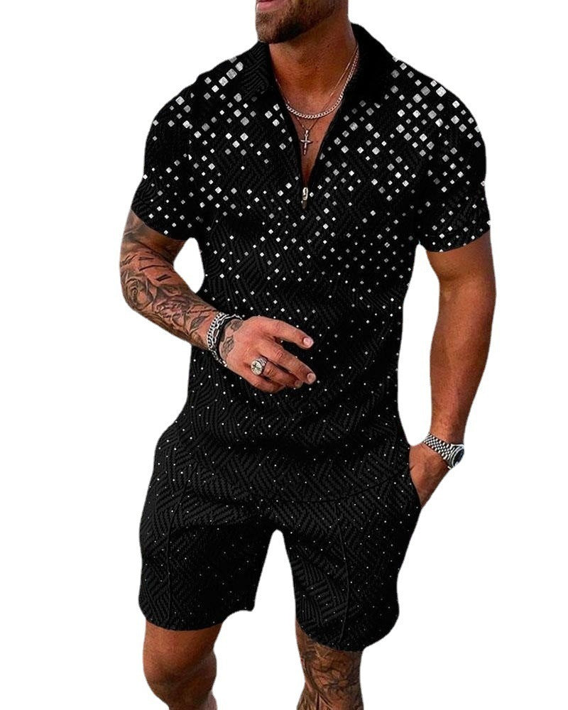 Fashion Zipper Polo Shirt Suit Men's Casual 3D Printed Shorts