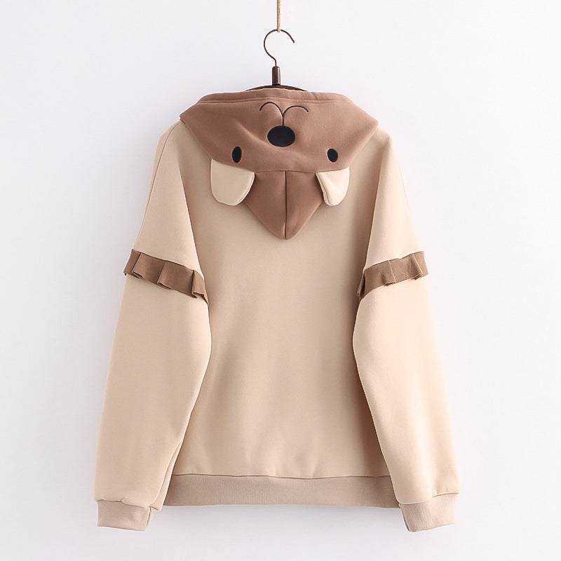 Hooded Bear Embroidery Plus Velvet Sweater Loose And Thin Coat Women