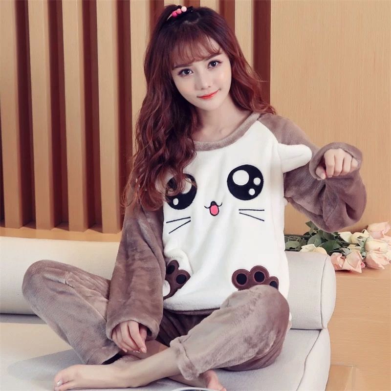 2 Pieces Women Sleepwear Warm Winter Thick