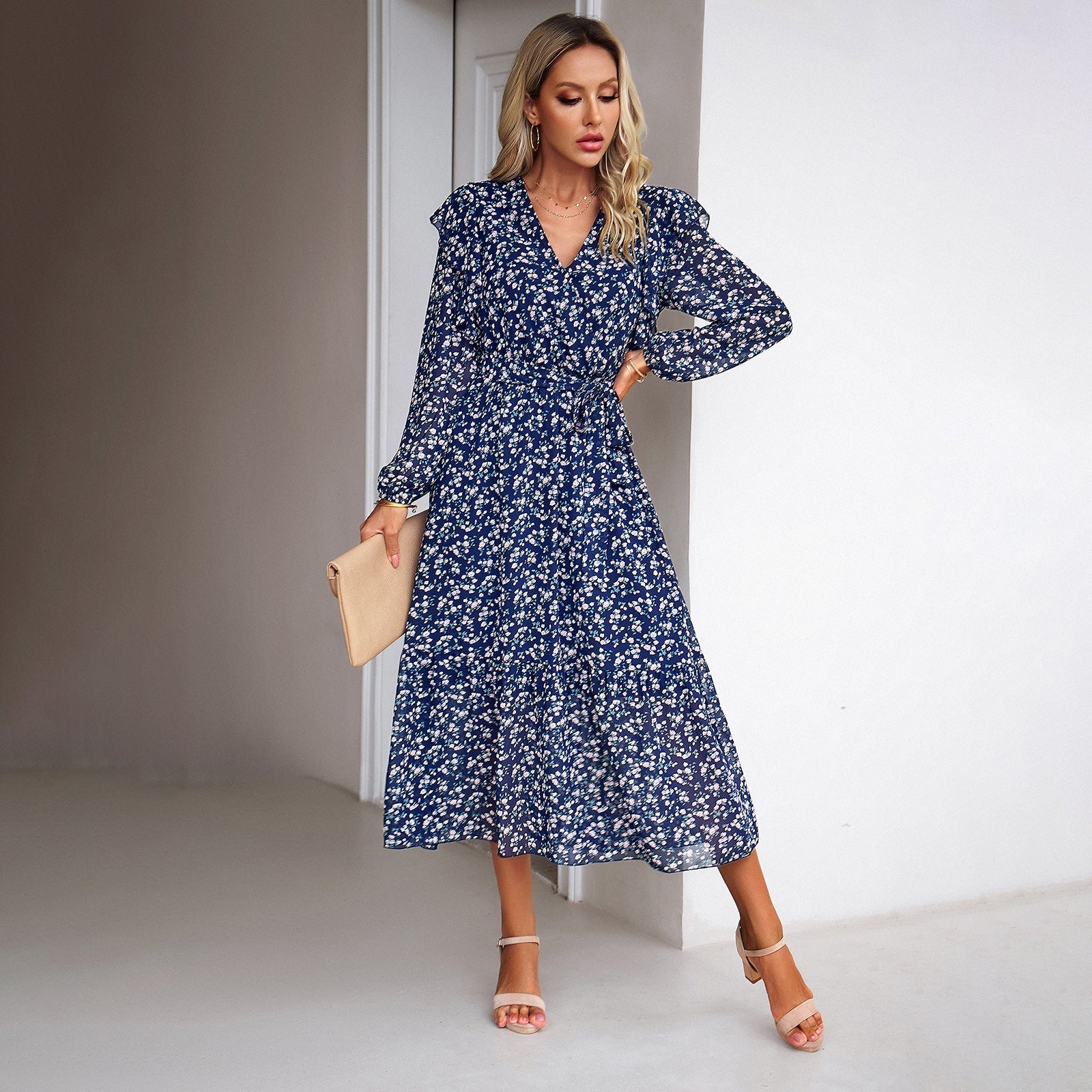 Fashion Casual Floral V-neck Long-sleeve Dress Women