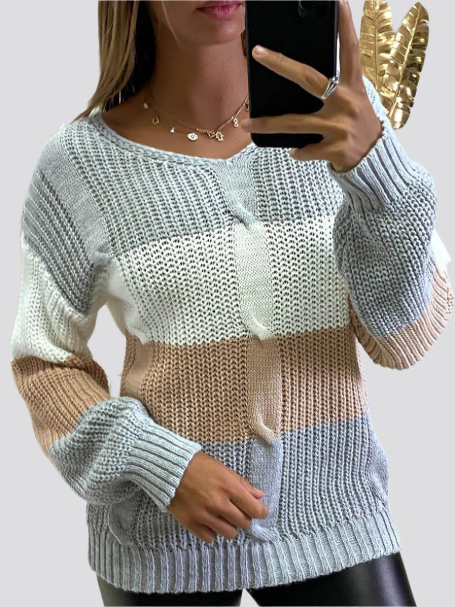 New Knitted V Neck Color Matching Long Sleeved Sweater Women