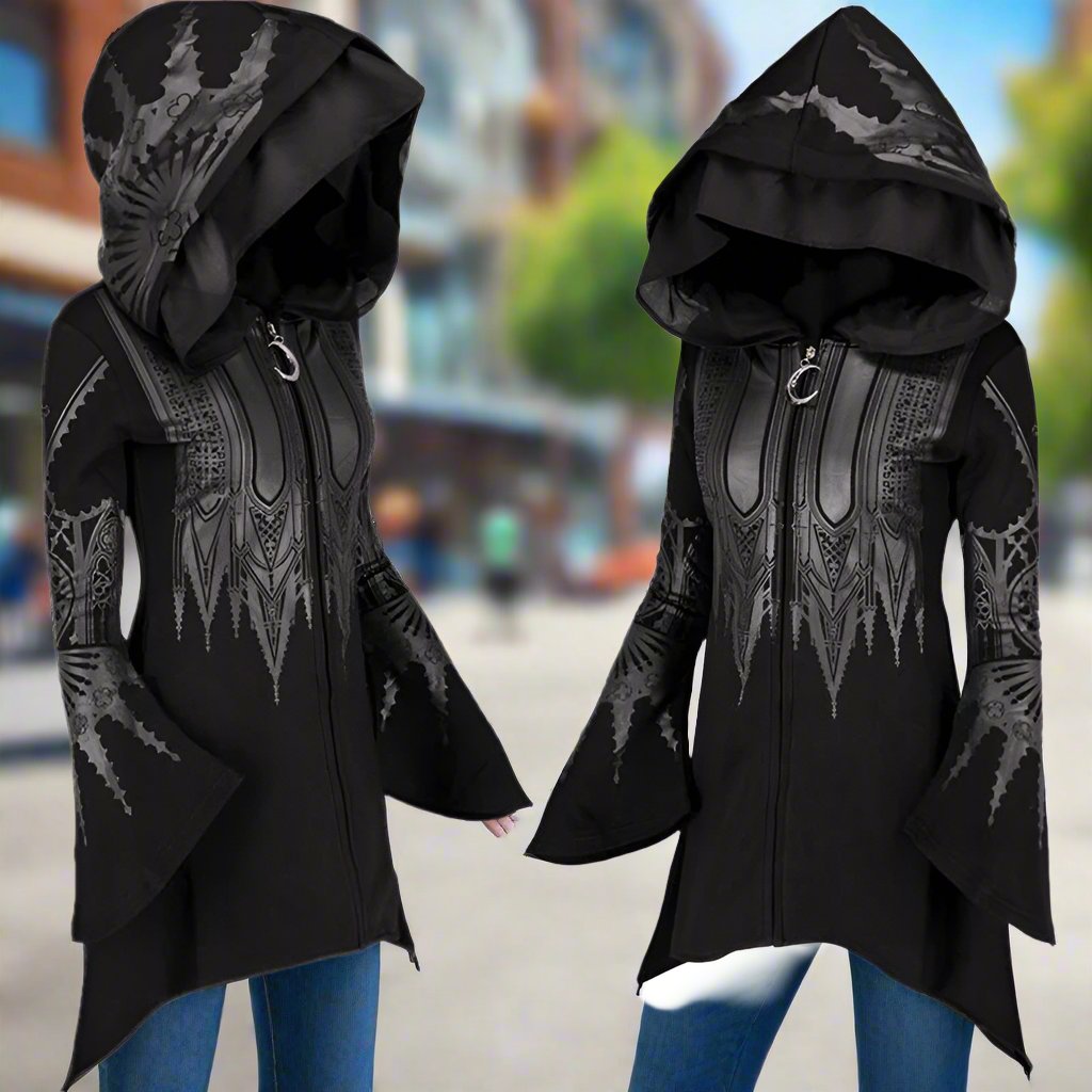 Halloween Cosplay Hoodie Women's Punk Black Long Hooded Printed Sweater