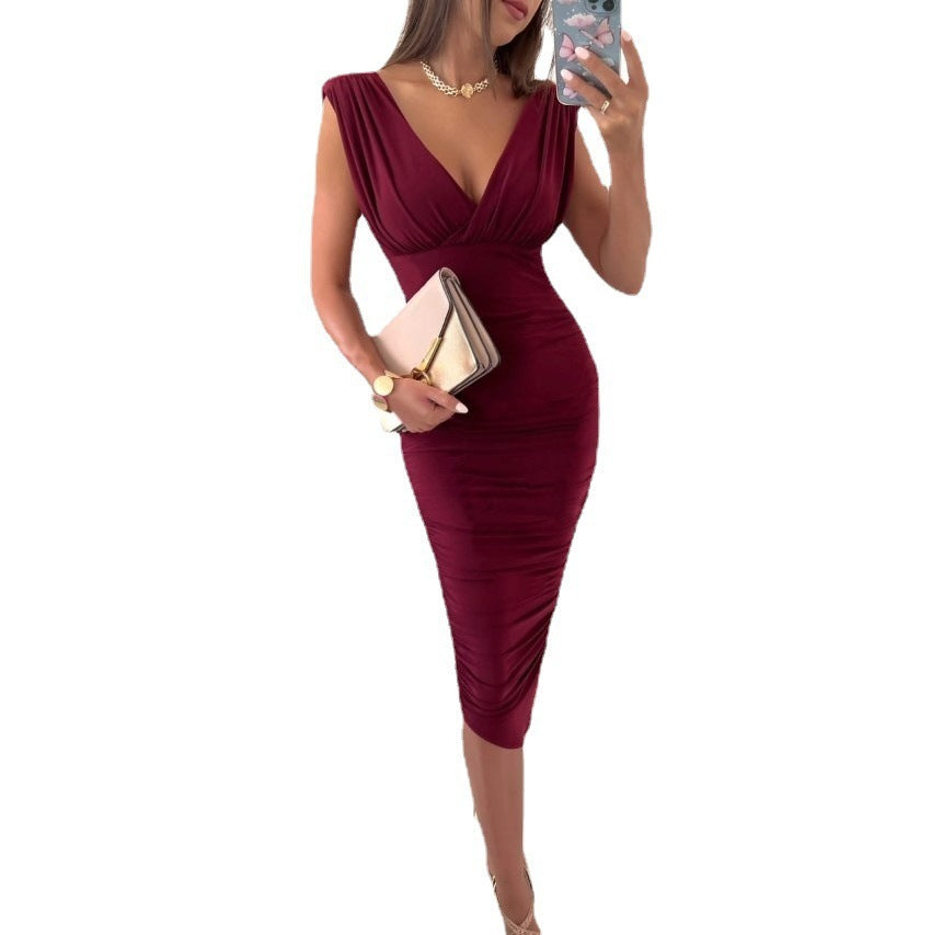 Summer Solid Color Sleeveless V-neck Cinched Bodycon Sheath Dress