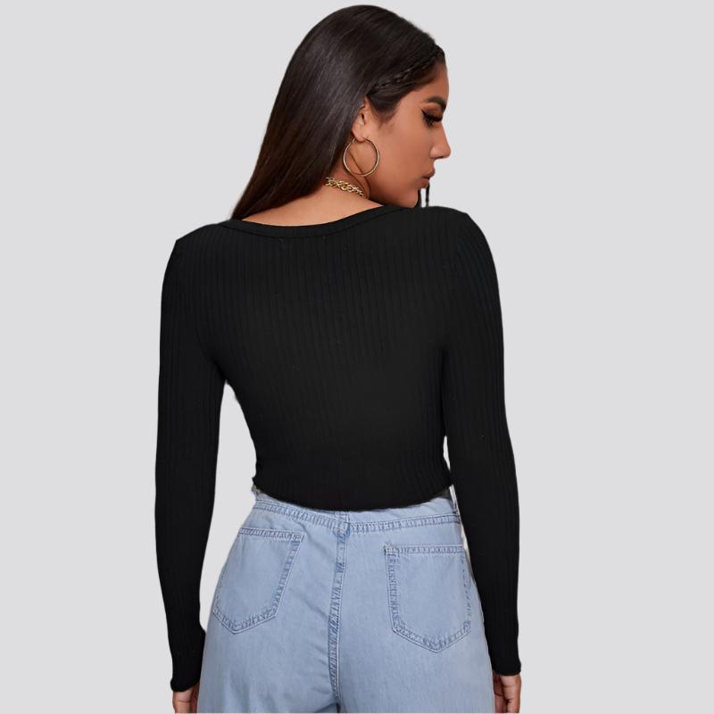 Long Sleeved Crop Cardigan Top Sexy Button Knit T-shirt