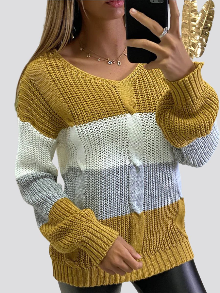 New Knitted V Neck Color Matching Long Sleeved Sweater Women