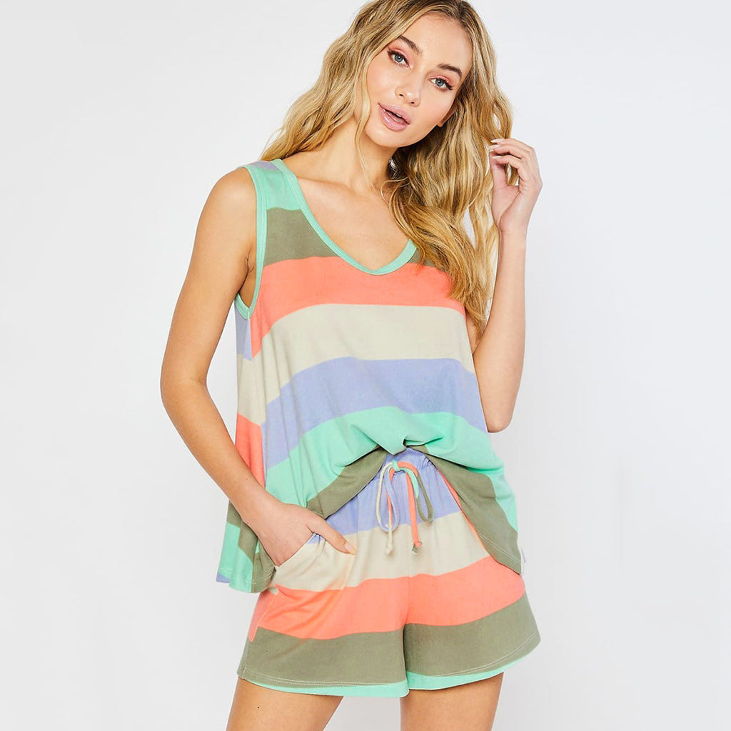 Womens Rainbow Stripes Short Sleeve Pajama Set Night Lounge Top Short