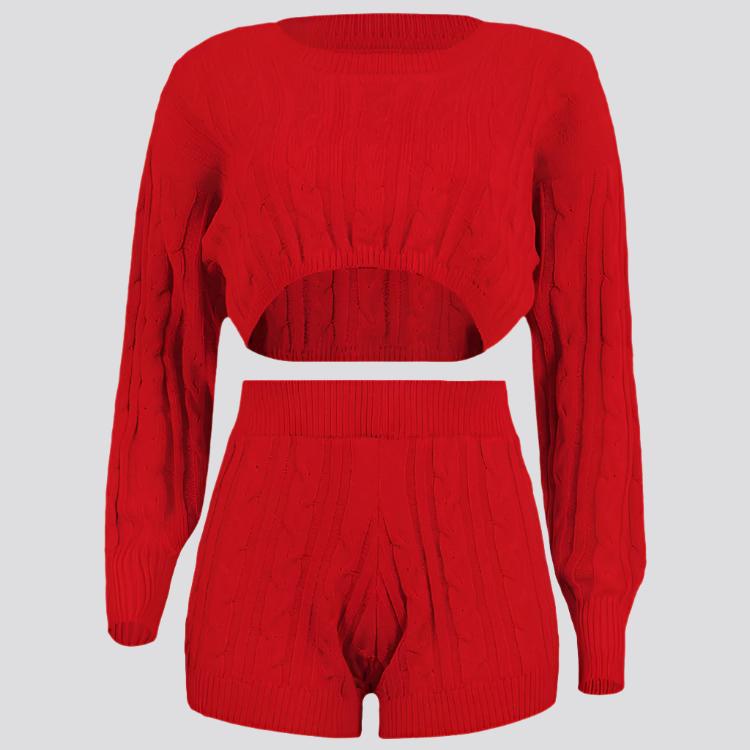 Autumn Women Chic Two Piece Set Knitted Crop Pullovers Sweater