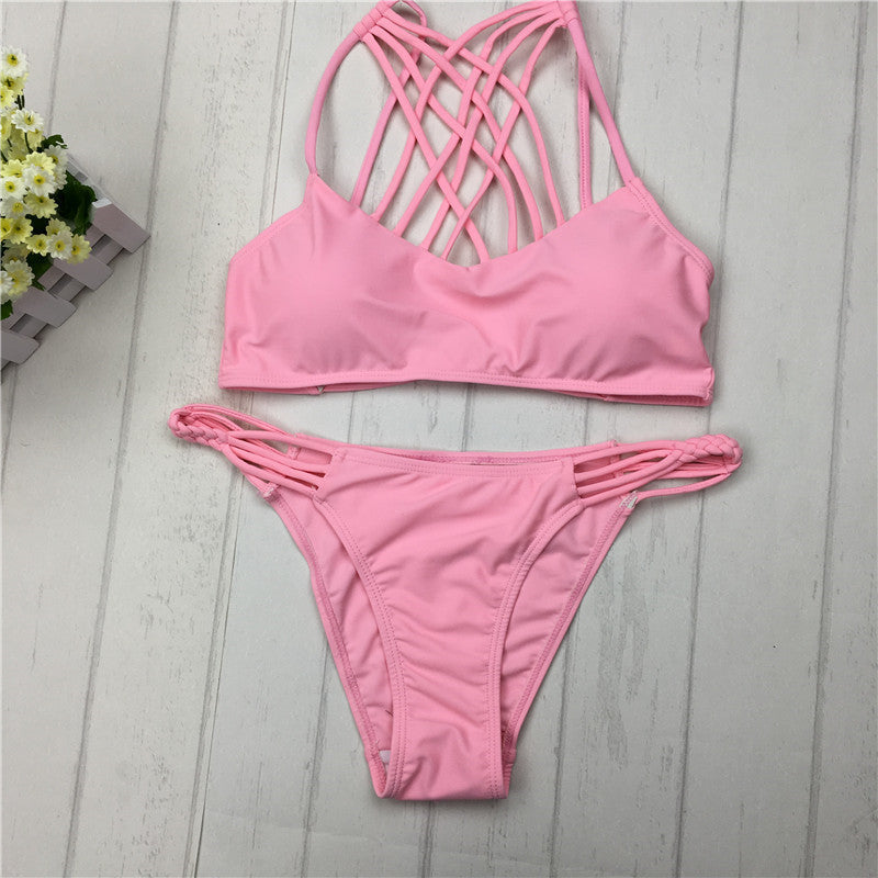 cut out Bikinis Sexy pink bandage cut out Halter bikini swimsuit women cross Women's swimwear swimming suit