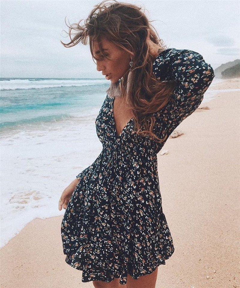 Floral Printing Short Mini Dress Women Sexy V Neck Sundress