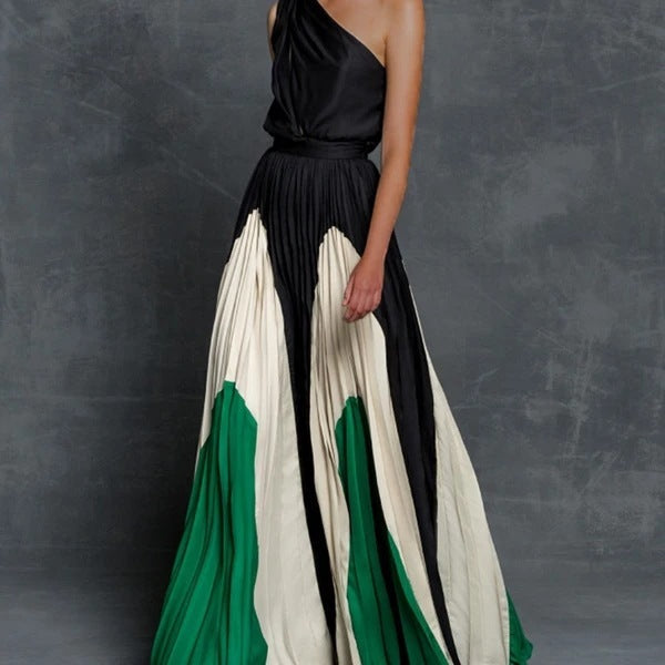 Stitching strapless contrast color maxi dress