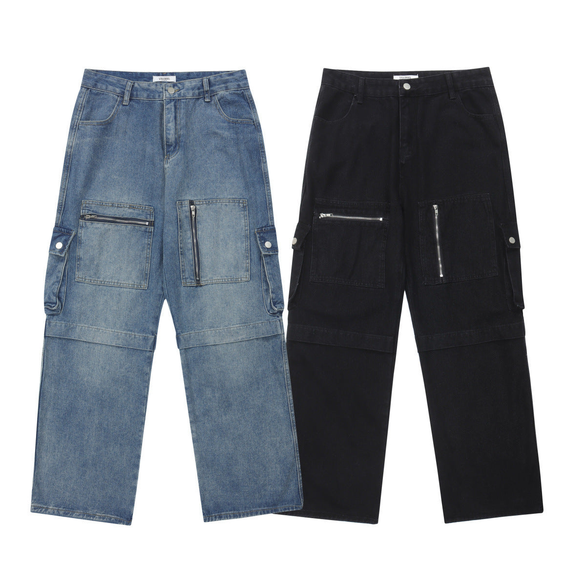 Multi-pocket Workwear Style Washed Jeans Loose Wide Leg Zipper Straight Pants For Men And Women