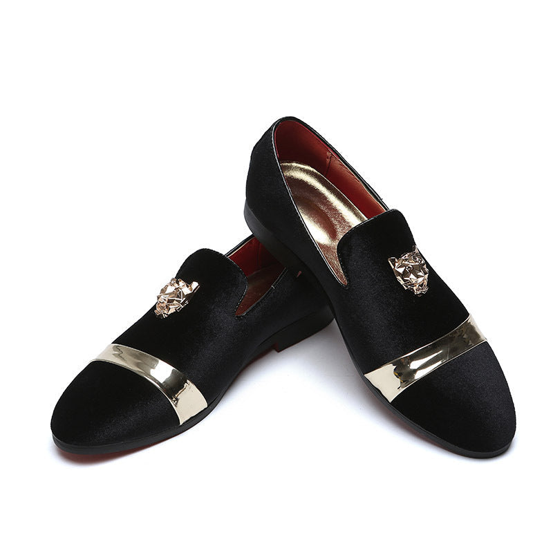 Nubuck leather loafers with golden tiger head buckle