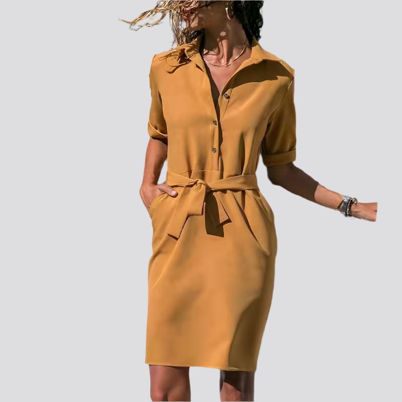 Lapel Collar Solid Color Three-Quarter Sleeve Dress