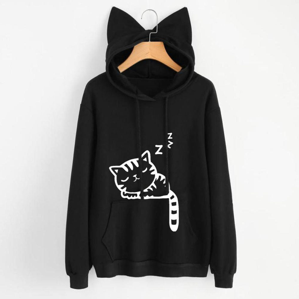 Women's loose printed hooded sweater