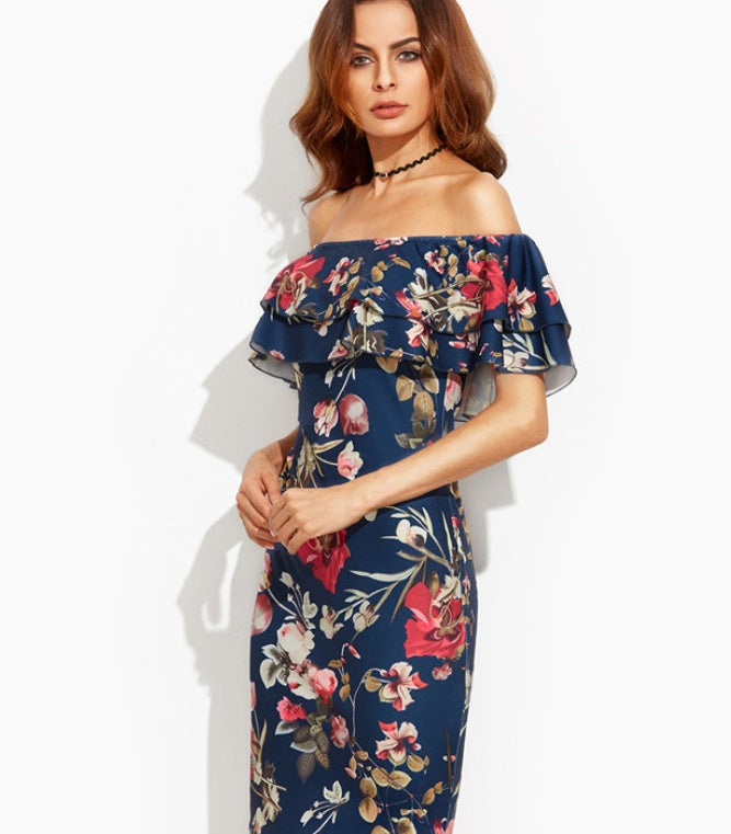 Navy Blue Off the Shoulder Summer Midi Dress