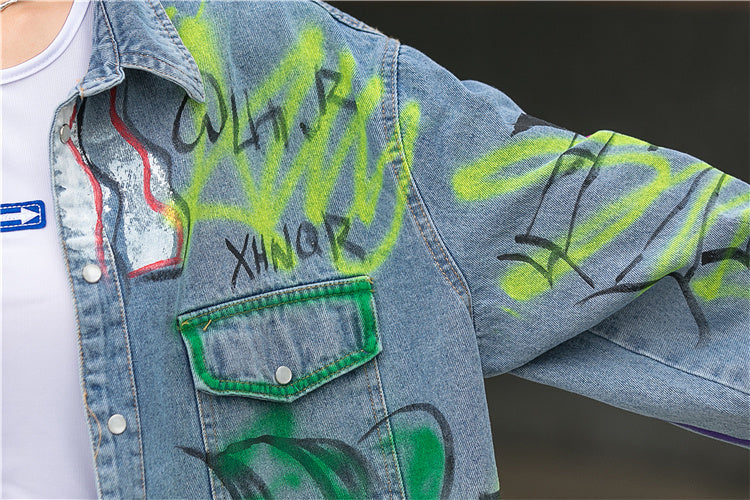 Graffiti Print Denim Jacket Women Loose Fried Street