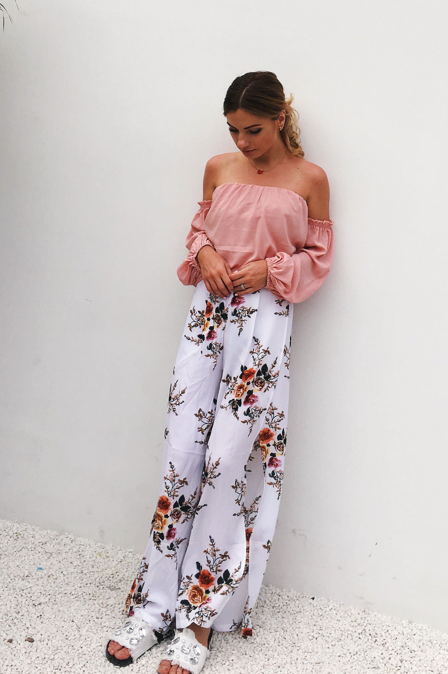 Summer large size women's European and American chiffon printing split loose wide leg pants casual pants