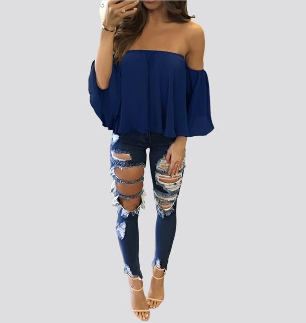 Wrapped chest collar long sleeve chiffon sexy top strapless loose T-shirt