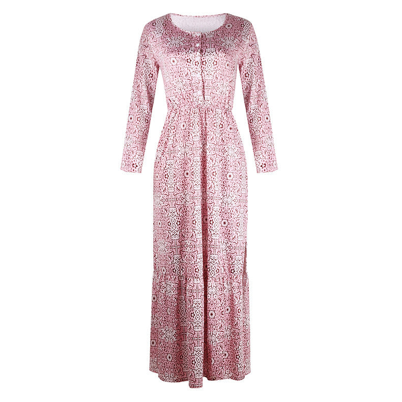 Printed long-sleeved split maxi dress