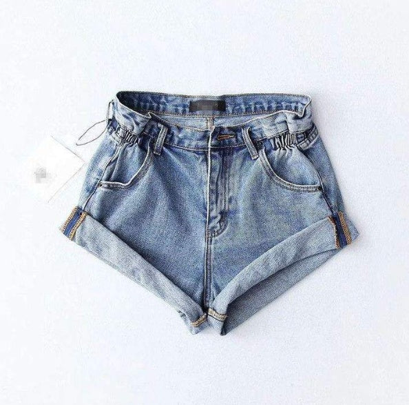 High waist denim shorts female elastic waist waist cuff wide leg pants shorts loose new retro Korean version