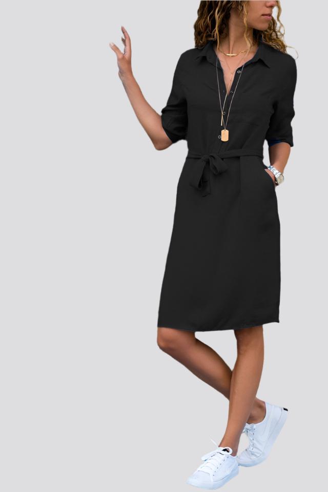 Lapel Collar Solid Color Three-Quarter Sleeve Dress