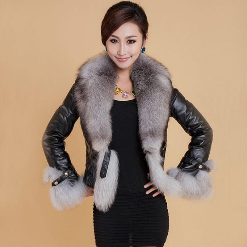 Best-selling Autumn  Winter Jacket Woman Fur Coat Fashion  Fox Fur Collar Women Coat Slim Short PU Leather Coat