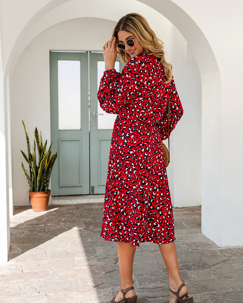 Leopard print long-sleeved midi dress