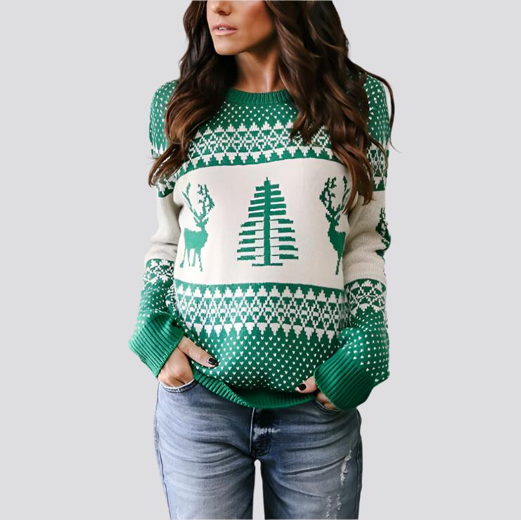 Christmas Sweater Cute Elk Geometric Print Knitted Sweater Woemen Winter Tops Clothes