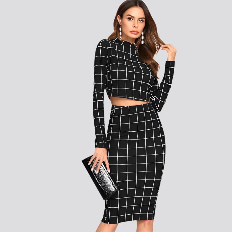 Stand Collar Long Sleeve 2 Piece Set Women Crop Grid Top & Pencil Skirt Co-Ord Ladies Elegant OL Style Twopiece