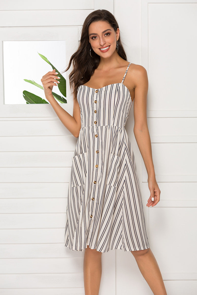 Sexy Dress Midi Button Striped Floral Dress