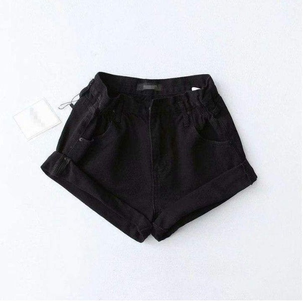 High waist denim shorts female elastic waist waist cuff wide leg pants shorts loose new retro Korean version