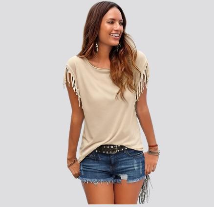 Wish quick sale eBay ladies Europe and America big size round neck short sleeve cuffs tassel T-shirt cotton tops