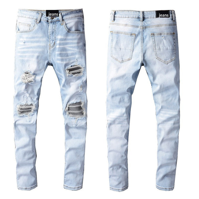 Light Blue Broken Hole Jeans Men's Patch Embroidery Patch Slim Fit