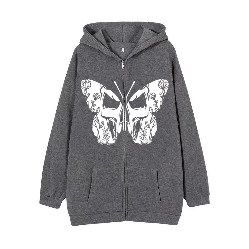 Casual Cardigan Dark Butterfly Print Zip Sweatshirt