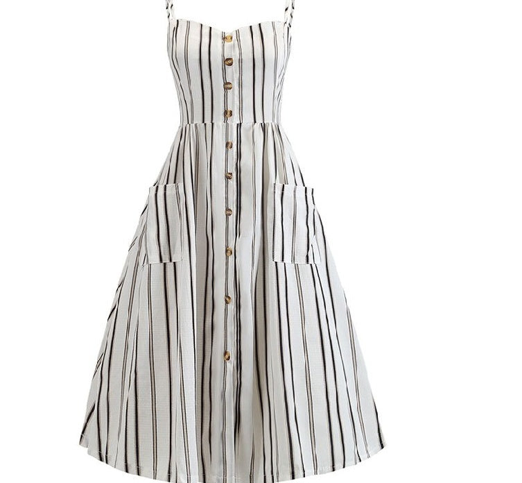 Sexy Dress Midi Button Striped Floral Dress