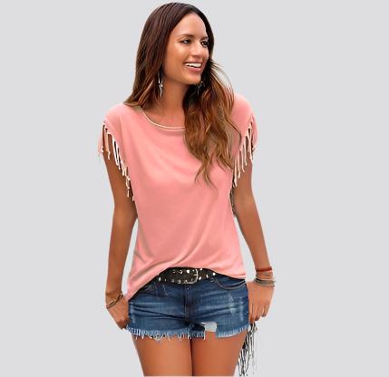 Wish quick sale eBay ladies Europe and America big size round neck short sleeve cuffs tassel T-shirt cotton tops