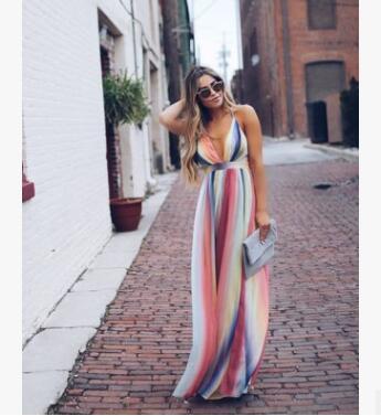 Rainbow Summer Maxi Dress Women Dress Colorful V-Neck Sleeveless Spaghetti Strap Backless Sexy Long Bohemian Elegant Dress L363