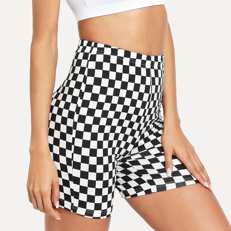 cross-border European and American black and white chess board printing tight yoga shorts sexy women's high waist sports shorts