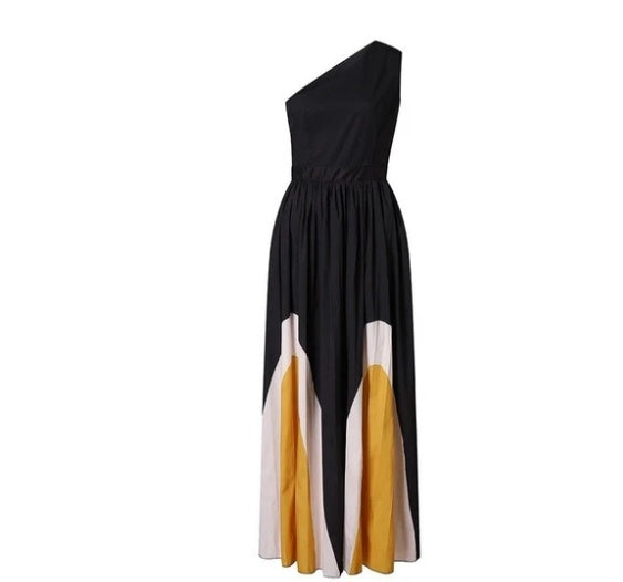 Stitching strapless contrast color maxi dress