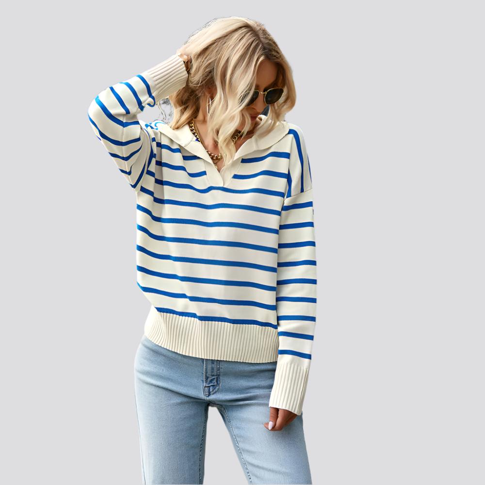 Women Striped Long Sleeve Pullover Sweater Casual Loose Polo V Neck Color Block Lightweight Knitted Fall Shirts Tops