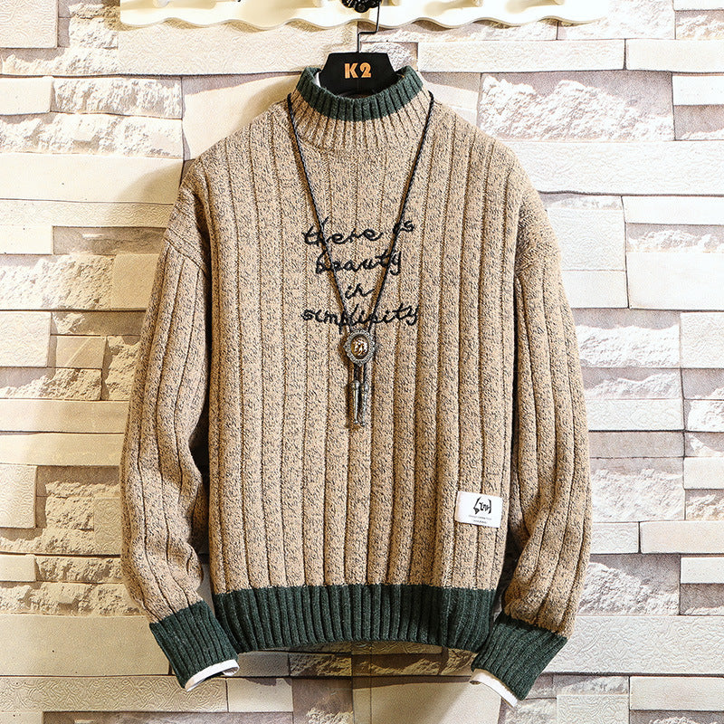 Long sleeve thick half high neck letter pullover sweater for men